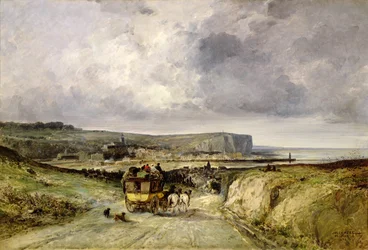 Ankunft einer Postkutsche in Treport, 1878